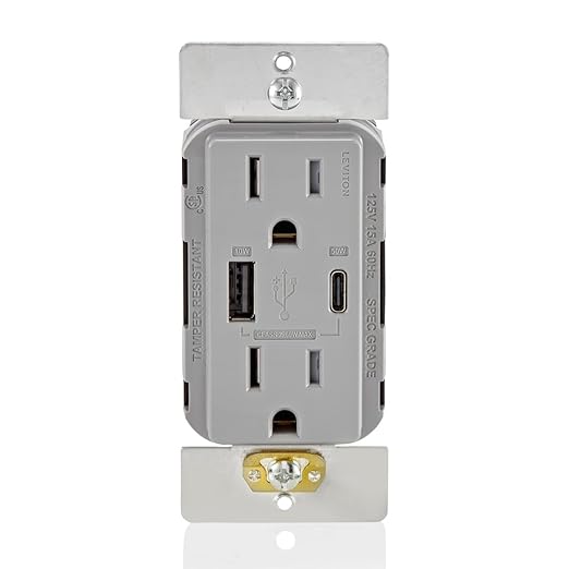 Leviton T5634-G 60W (20V@2.5A+ 5V@2A) USB Dual Type A/Type-C Power Delivery in-Wall Charger with 15A Tamper-Resistant Outlet, USB Charger for Smartphones, Tablets, Laptops, Gray
