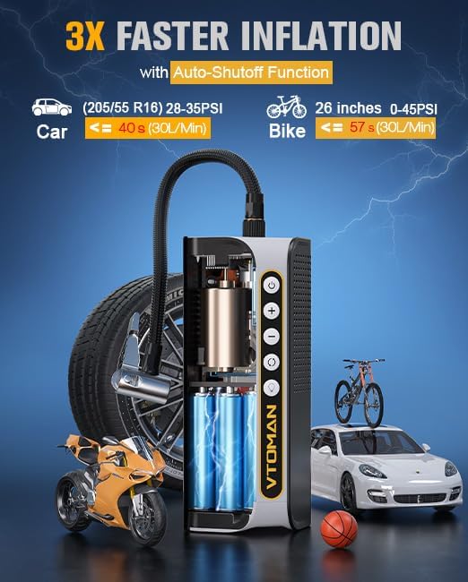 VTOMAN X6 Pro Tire Inflator Portable Air Compressor Cordless,160PSI Auto Air Pump for Car Tires with Smart Digital Pressure Gauge & LED Light, for SUV, Car, Motorcycle, E-Bike, Bicycles,Ball