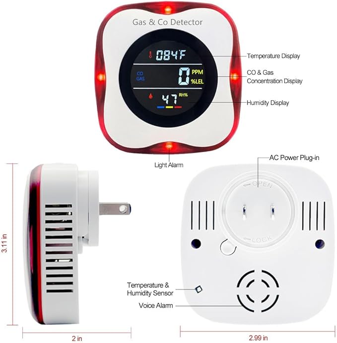 Plug in Carbon Monoxide & Natural Gas Detectors, KH Alert Combination CO Detector & Combustible Gas Detector with Temperature Humidity, Portable CO & Natural Gas Detector with Sound Light Warning
