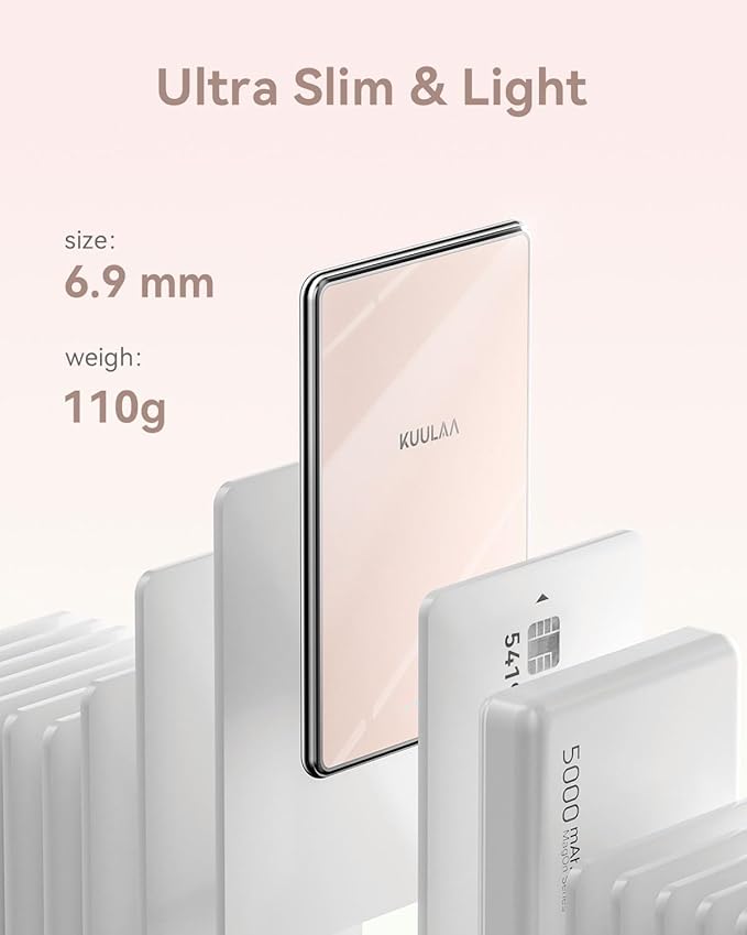 Kuulaa Magsafe Battery Pack 0.27'' 5000mAh Ultra Slim Magnetic Portable Charger Power Bank Support USB C PD 20W Fast Charging, Compatible with iPhone 16 Pro Max/15/14/13/12 Mini, Pink
