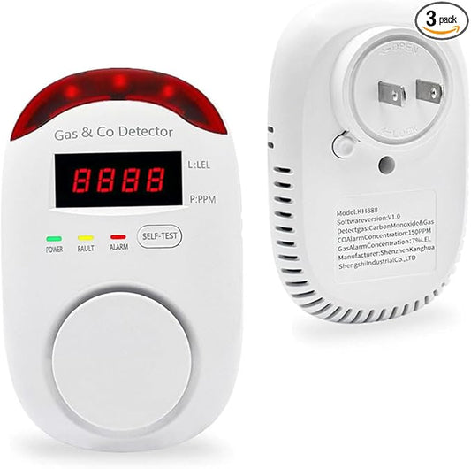 Carbon Monoxide and Natural Gas Detector, WESHLGD Plug in Carbon Monoxide & Gas Combination Detectors, 2-in-1 CO Detector and Combustible Gas Detector with Digital Display, Easy to Install(3 Packs)
