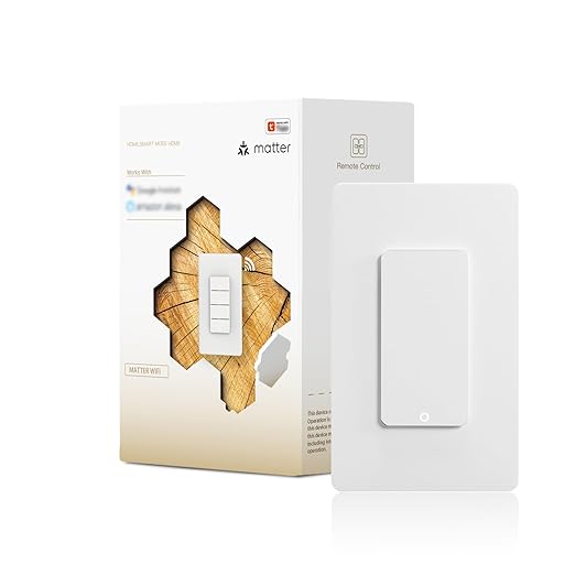 Matter WiFi Smart Light Switches, Netural Wire Required, 2.4GHz Single Pole Switch, Compatible with Alexa Assistant, Remote Control, Voice Control, No Hub Required (1 Way)