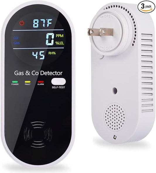 Carbon Monoxide and Gas Detectors, Plug in Carbon Monoxide Detector & Natural Gas Combination Detectors with Clear LCD Display, 4-in-1 CO & Gas Detector with Temperature and Humidity Display