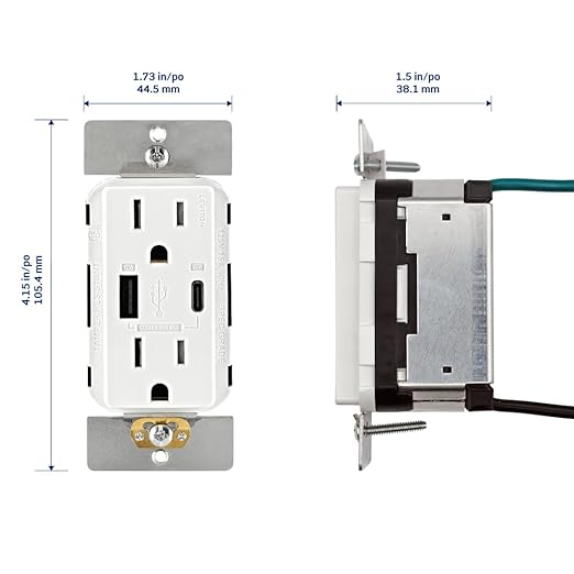 Leviton T5634-W 60W (20V@2.5A+ 5V@2A) USB Dual Type A/Type-C Power Delivery in-Wall Charger with 15A Tamper-Resistant Outlet, USB Charger for Smartphones, Tablets, Laptops, White