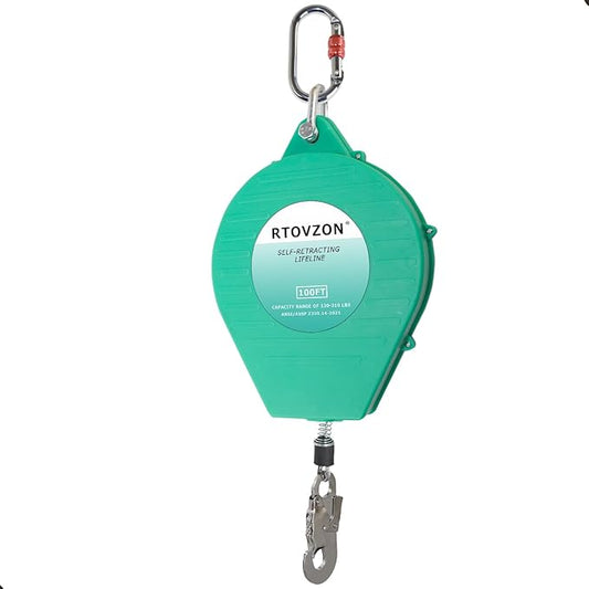 100FT Self Retracting Lifeline RTOVZON Fall Arrest Fall Protection Steel Wire Rope Heavy Duty Retractable Lanyard, Roofing Lifeline, SRL, Safety Lanyard