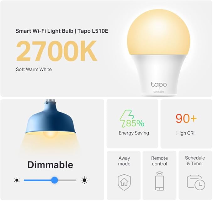 Tapo TP-Link Smart Light Bulbs, 800 Lumens (60W Equivalent), 2700K Soft Warm White LED Bulb, Dimmable, Compatible with Alexa and Google Home, No Hub Required, A19 E26, L510E (4-Pack)