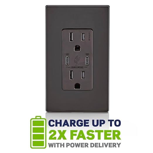 Leviton T5635-B 30W (6A) USB Dual Type-C/C Power Delivery In-Wall Charger with 15A Tamper-Resistant Outlet, USB Charger for Smartphones, Tablets, Laptops, Brown