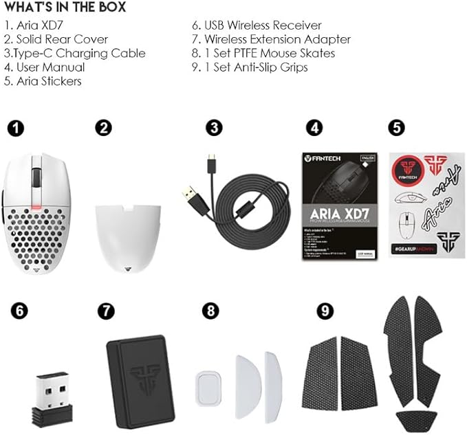 FANTECH ARIA XD7 Wireless Gaming Mouse Pixart 3395 Gaming Sensor 26000 DPI, HUANO Switches, Super Lightweight 59 Grams and Ambidextrous Egg Shape, 3 Mode Connectivity, White