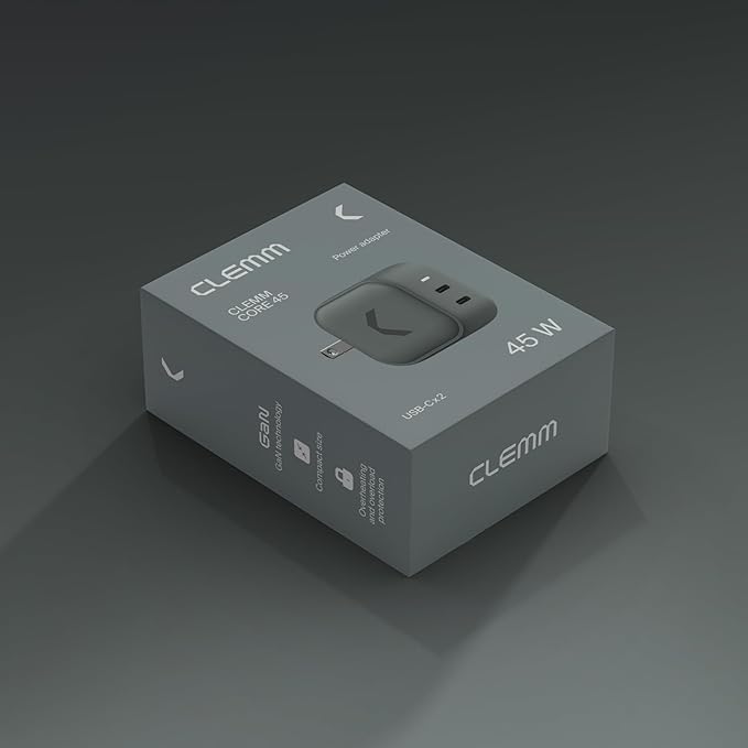 CLEMM Core 45W Dual USB-C Charger, Core GaN PPS, Power Adapter for iPhone 16/15/14/13/12/11/X, Galaxy S24 Ultra/S23 (Core 45W)