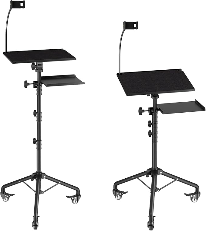 Projector Stand Tripod Laptop Tripod on Wheels with 2 Shelves, Adjustable Height 26 to 49 Inch Portable Podium Stand with Gooseneck Phone Holder for Office, School, Home, DJ Racks