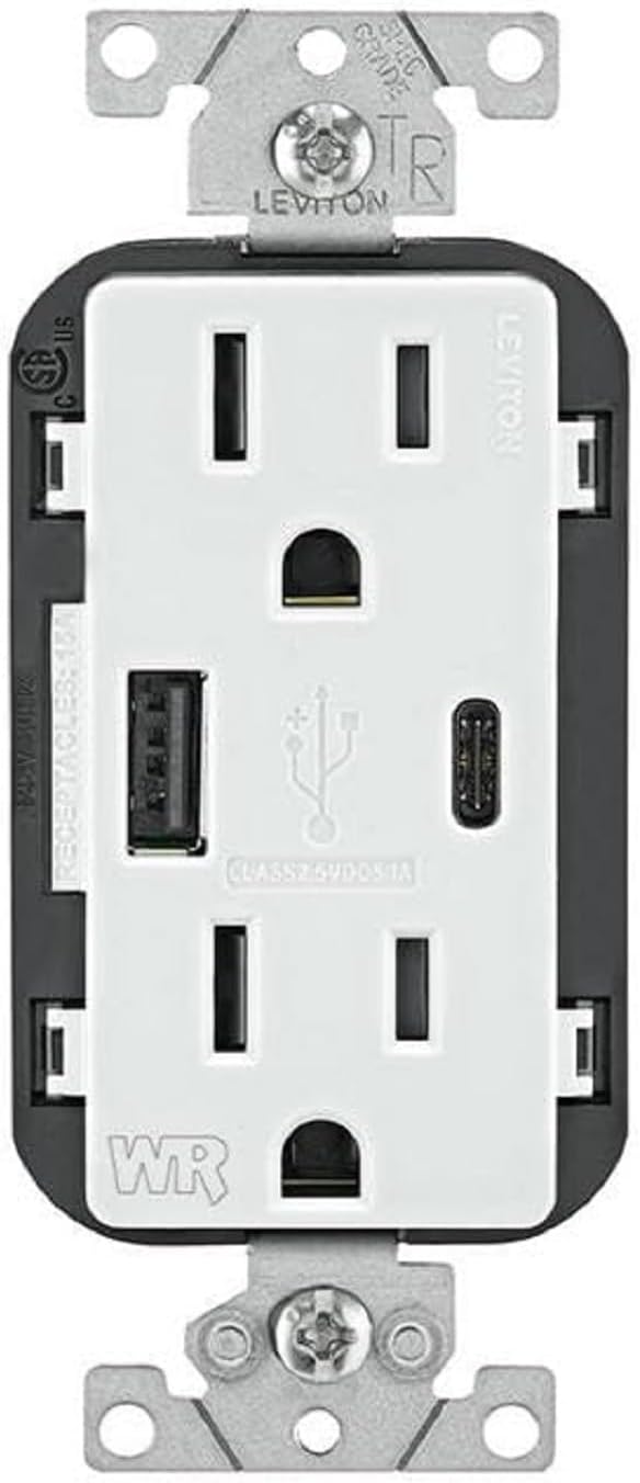 Leviton W5633-W Type A & Type-C USB In-Wall Charger with 15A Tamper-Resistant Outlet, Outdoor USB Charger for Smartphones and Tablets, Not for Laptops, White