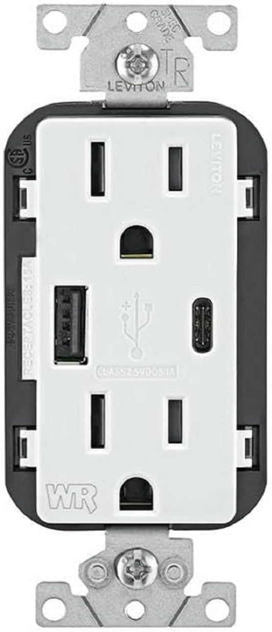 Leviton W5633-W Type A & Type-C USB In-Wall Charger with 15A Tamper-Resistant Outlet, Outdoor USB Charger for Smartphones and Tablets, Not for Laptops, White