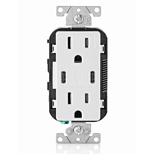 Leviton T5635-W 30W (6A) USB Dual Type-C/C Power Delivery In-Wall Charger with 15A Tamper-Resistant Outlet, USB Charger for Smartphones, Tablets, Laptops, White