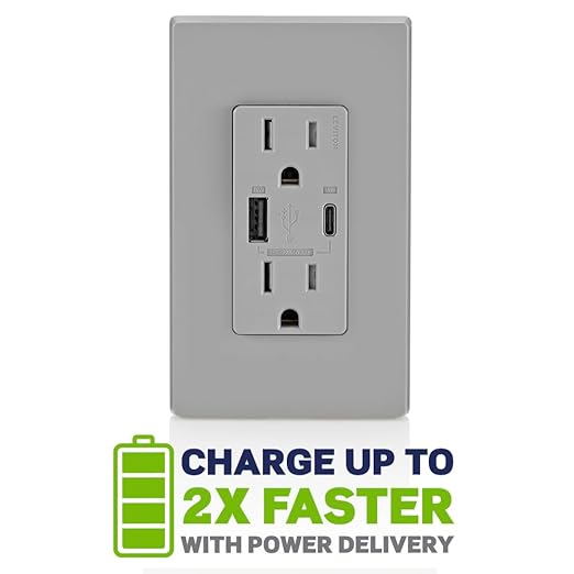 Leviton T5634-G 60W (20V@2.5A+ 5V@2A) USB Dual Type A/Type-C Power Delivery in-Wall Charger with 15A Tamper-Resistant Outlet, USB Charger for Smartphones, Tablets, Laptops, Gray