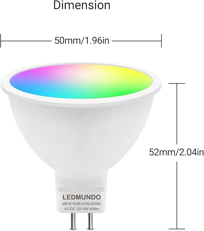 Smart MR16 LED Light Bulbs 5W, GU5.3 Bi-Pin Base, Compatible with Alexa/Google Assistant, AC/DC 12V, RGBCW Smart MR16 Bulb, WiFi Smart Spotlight Indoor Decoration, Dimmable, 3PCS