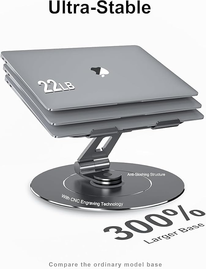 Ultra-Stable Aluminumy Swivel Laptop Stand for Desk with Rotating Foldable Phone Holder, 300% Large Base Stability, Anti-Loosening,Suitable for 10"-17.3" Laptops,Gray