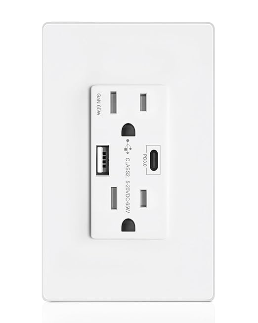 USB Wall Outlet, 65W GaN 6.0A USB Outlet Receptacles with 2 USB Ports,15 Amp Tamper-Resistant Electrical Outlet with 1 Type A&1 Type C,Screwless Wall Plate Included,UL Listed