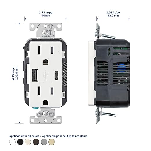 Leviton T5633-T Type A & Type-C USB In-Wall Charger with 15A Tamper-Resistant Outlet, USB Charger for Smartphones and Tablets. Not for Laptops, Light Almond