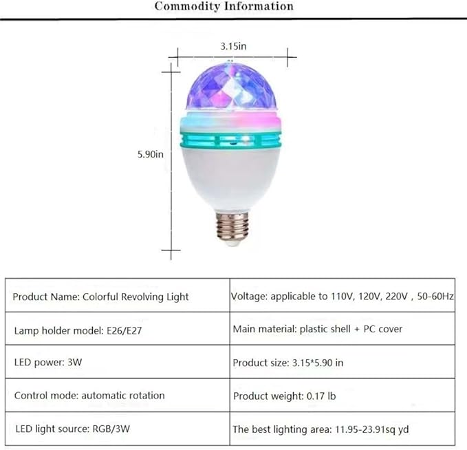 1 Pack Color Rotating Bulb E26 Party LED Bulbs,Multi Crystal Stage Lights for Disco,Color Changing Strobe RGB Bulb,Suitable for Indoor and Outdoor Birthday Parties,Clubs,Bars,Photography