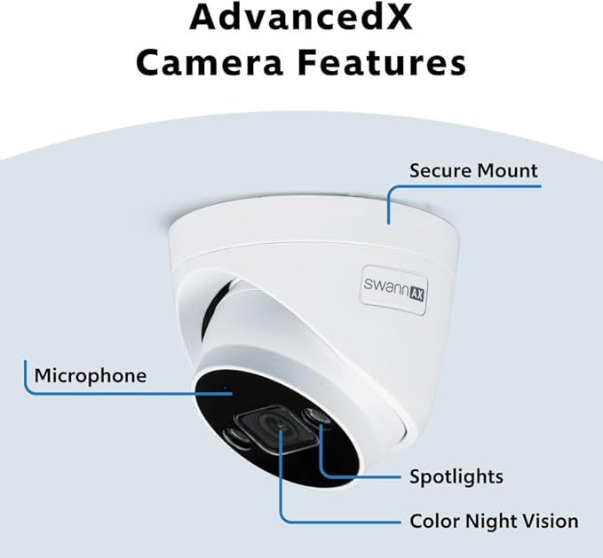 Swann AdvancedX™ Wired NVR 4K Security Camera System, 8 Channels, 4 PoE Dome Cameras Outdoor, 1TB HDD Storage, Color Night Vision, Smart AI Video Analytics/Alerts, Advanced Motion Detect