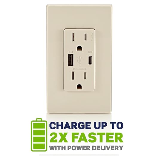Leviton T5634-T 60W (20V@2.5A+ 5V@2A) USB Dual Type A/Type-C Power Delivery in-Wall Charger with 15A Tamper-Resistant Outlet, USB Charger for Smartphones, Tablets, Laptops, Light Almond