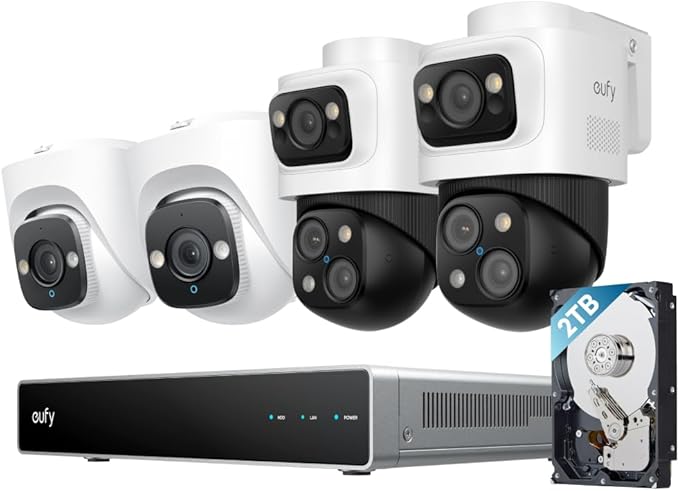 eufy PoE NVR Security Camera System S4, 24/7 Recording,16CH, 2TB HDD, 2 Bullet-PTZ Cams, 2 Turret Cams, 360° PTZ, AI Auto Framing & Tracking, Smart Video Search, Color Night Vision, Plug & Play