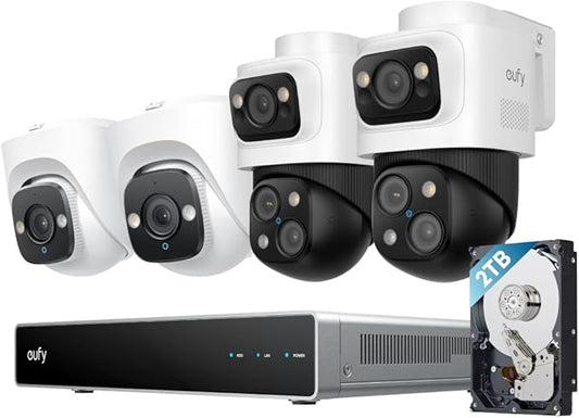 eufy PoE NVR Security Camera System S4, 24/7 Recording,16CH, 2TB HDD, 2 Bullet-PTZ Cams, 2 Turret Cams, 360° PTZ, AI Auto Framing & Tracking, Smart Video Search, Color Night Vision, Plug & Play