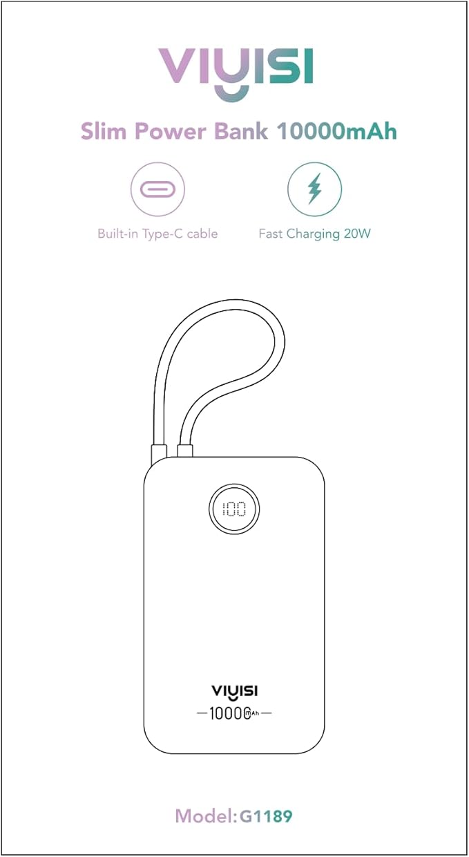 Slim Portable Charger 10000mAh, Travel Power Bank with Built-in USB-C Cable & LED Display, 22.5W Fast Charging Battery Pack Compatible with iPhone 16 15 Samsung S24 S23 -Blue