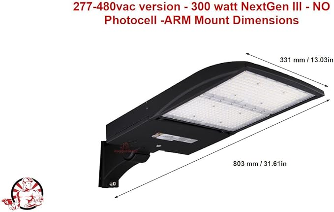 RuggedGrade High Voltage 277-480V - 42,000 Lumen - 300 watt NextGen III LED Shoebox Lights - Dimmable - NO Photocell -ARM Mount