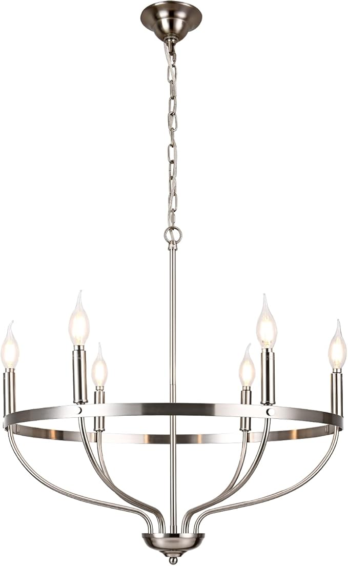 6-Light Brushed Nickel Chandelier Modern Candle Chandeliers Light Fixture Sputnik Pendant Light Adjustable Hanging Light Over Table for Dining Room Kitchen Island Bedroom E12