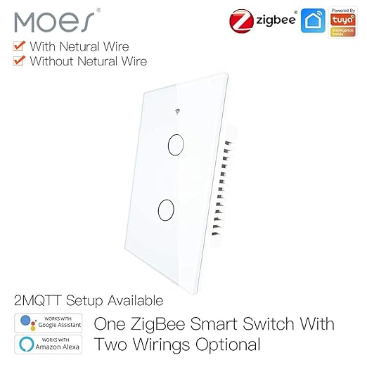MOES ZigBee Smart Touch Wall Light Switch,Requires Tuya ZigBee Hub,No Neutral Wire/N+L Wiring,No Capacitor,Smart Life Tuya 2/3 Way Remote Control, Work with Alexa Google Home, 2MQTT,2 Gang White