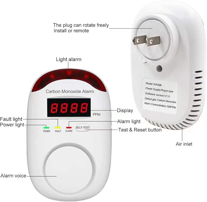 Plug-in Type Carbon Monoxide Alarm, CO Detector Monitor with LED Digital Display and Voice Alert for Home/Kitchen/Bedroom - 2 Pack