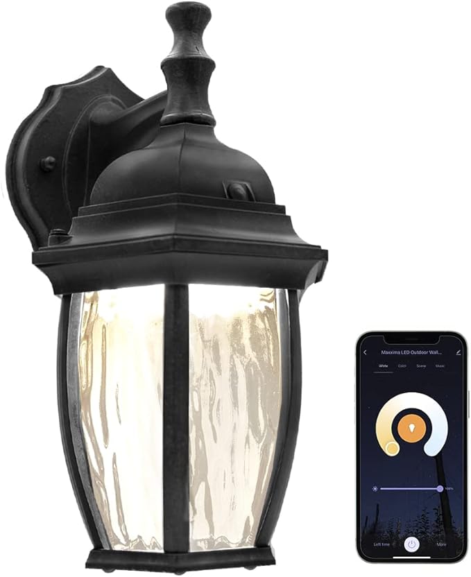 Maxxima Luvoni Smart WiFi LED Outdoor Wall Light, Black w/Clear Water Glass, App Controlled Porch Lantern, 850 Lumens, CCT 2700K - 6500K, Dimmable, Works with Google Home/Alexa