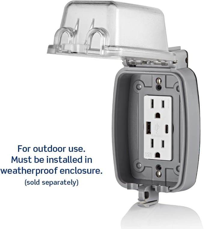 Leviton W5633-W Type A & Type-C USB In-Wall Charger with 15A Tamper-Resistant Outlet, Outdoor USB Charger for Smartphones and Tablets, Not for Laptops, White