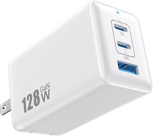 128W USB C Wall Charger,GaN III 3-Port Fast Charging Station,PD QC Foldable Charger Block Portable 65W Laptop Adapter for MacBook Pro/Air,iPad Pro,Galaxy S23,Dell XPS 13,iPhone 16/15/Pro etc Black