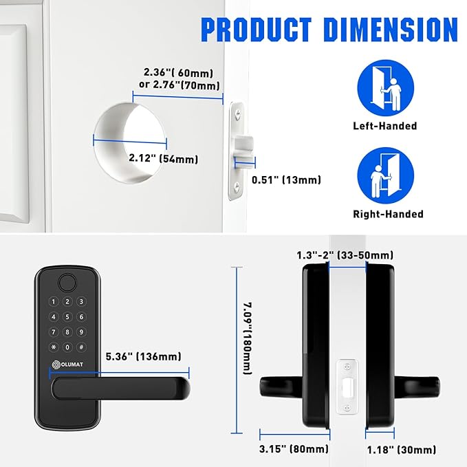 Smart Door Lock with WiFi Gateway, Keyless Entry Door Lock with Handle - Smart Locks for Front Door with Keypad - Fingerprint Locks with App Control - Auto Lock