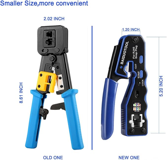 RJ45 Crimp Tool Pass Through Crimper Ethernet Crimping Tool Wire Crimper Stripper Cutter for Cat5e Cat6 Cat6a 8P8C Modular Connectors Ethernet Crimper Tool with mini yellow stripper