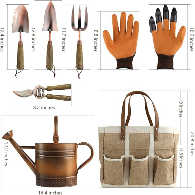 1 Gallon Galvanized Steel Watering Can with 3 Pcs of Garden Tools, 1 Pc of Pruning Shear, 1 Pair of Gardening Gloves,1 Pc of Garden Tools Organizer Tote