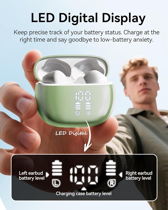 Wireless Earbuds, Bluetooth Ear Buds Headphones with LED Charging Case, 40 Hours Playtime, IP7, Lightweight in-Ear Earphones for iPhone Android Sports Workout