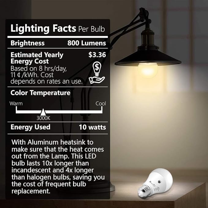 AmeriTop Dusk to Dawn Light Bulb- 4 Pack, A19 LED Sensor Light Bulbs; UL Listed, Automatic On/Off, 800 Lumen, 10W(60 Watt Equivalent), E26 Base, Indoor/Outdoor Lighting Bulb (3000K Warm White)