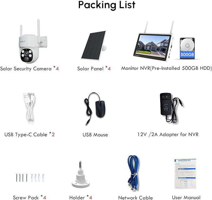 Solar Security Camera System, 10" LCD Monitor 10CH WLAN NVR with 500GB HDD, 4X 4MP PTZ WiFi Battery Powered Surveillance Camera,Outdoor Solar Wireless CCTV Kits,PIR Human Detection/2-Way Talk