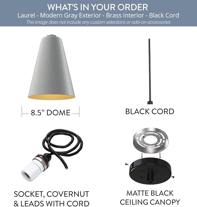 Steel Lighting Co. Laurel Pendant Light | Ceiling Mounted | 8.5 inch Cone Shade | Modern Contemporary Farmhouse Style Made in America | Black Cord | Modern Gray Exterior/Brass Interior