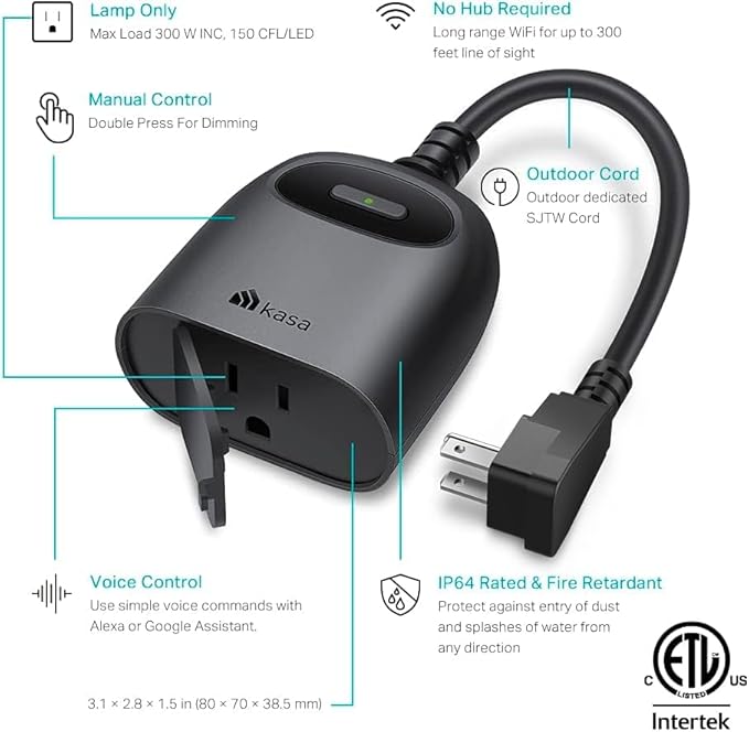 Kasa Outdoor Smart Dimmer Plug, IP64 Plug- in Dimmer for Outdoor String Lights, Compatible with Alexa, Google Assistant & SmartThings, Long Wi-Fi Range 2.4Ghz, No Hub Required, ETL Certified(KP405)