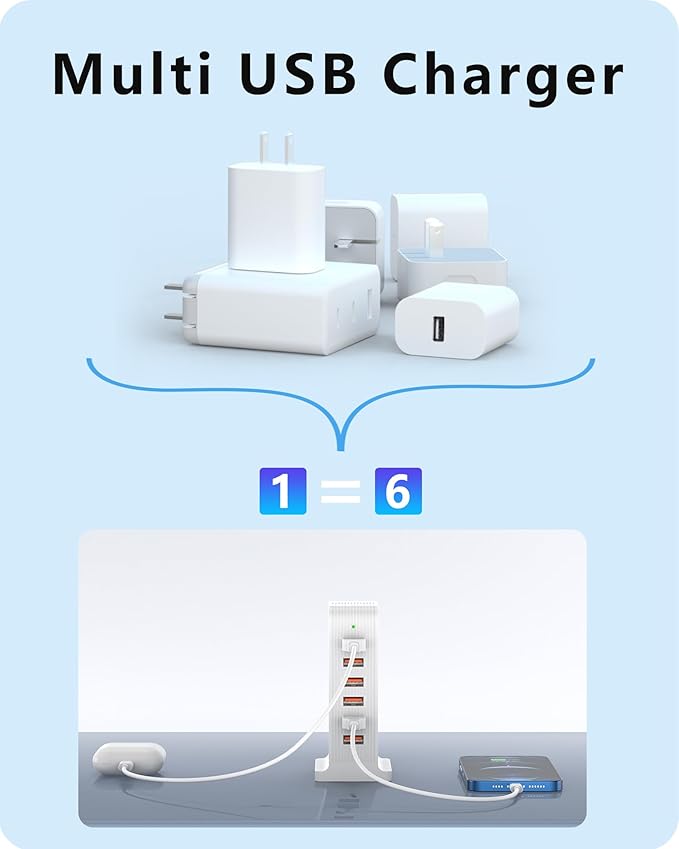 USB Charging Station - Multiport USB Charger Hub,6 Port Charger Tower for iPhone 15/14/13/12, iPad, Samsung Galaxy, Google Pixel,HTC, and Multiple Devices (white-50W)