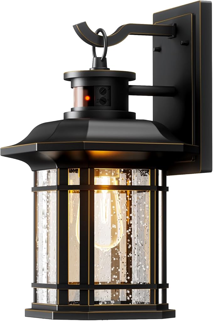 Motion Sensor Outdoor Lights, Dusk to Dawn Outdoor Lighting, Exterior Light Fixtures with 3 Working Modes, Wall Mounted IP65 Waterproof Lights for House Porch Patio, Black (Gold Trim)