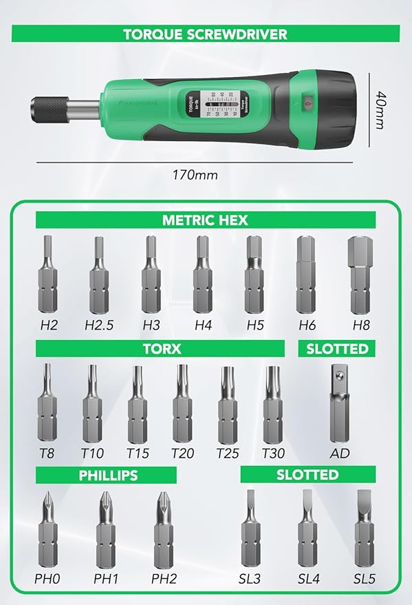Torque Screwdriver, 1/4" Drive Screwdriver Torque Wrench 10-70 Inch Pounds, Torque Screwdriver Wrench Set, 20 Pcs Torque Wrench Bits Set for Bike,Tool,Maintenance