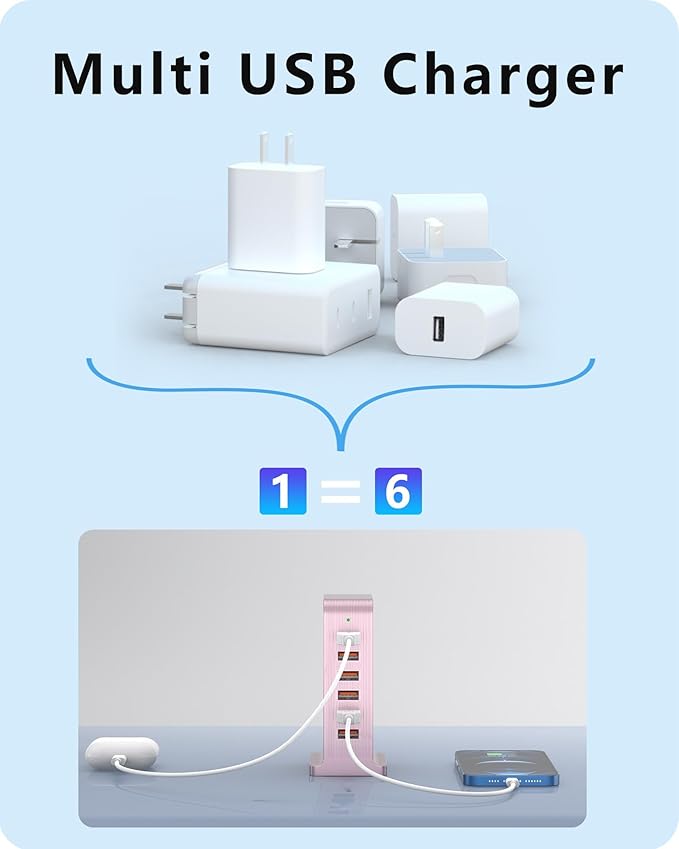 Charging Station for Multiple Devices,VPSUN 50W USB Charger Tower,Multi 6 Port USB Charging Hub Compatible with iPhone 15/14/14 Pro/14 Pro Max/Android/Samsung/Tablet,etc(Pink, 50W)