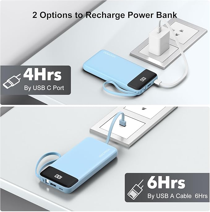 Portable Charger 10000mAh Power Bank with Built-in Cable, 5 Output 2 Input Travel Essential External Battery Pack with LED Display Compatible with iPhone 16/15 Samsung S22 Android,etc