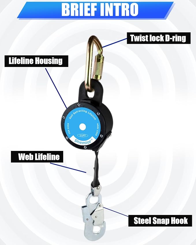 11FT Shemior Web Self Retracting Lifeline, No Tangle Lightweight Housing SRL, Self Retractable Safety Lanyard, Fall Arrest Protection PPE Gear for Roofing Construction, OSHA/ANSI Compliant