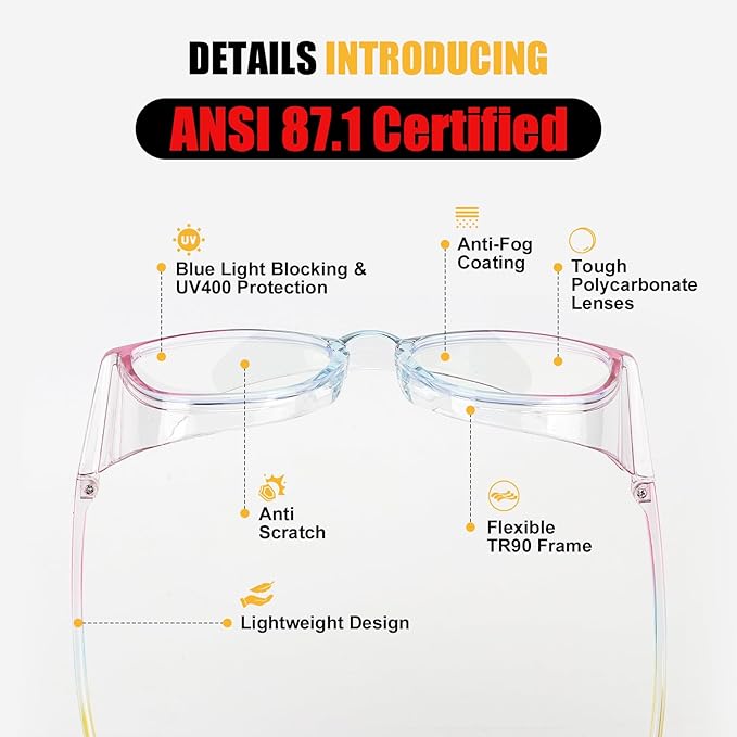 Safety Glasses Anti Fog Goggles For Women, Nurses Protective Eyewear Blue Light & UV Blocking Eye Protection Glasses
